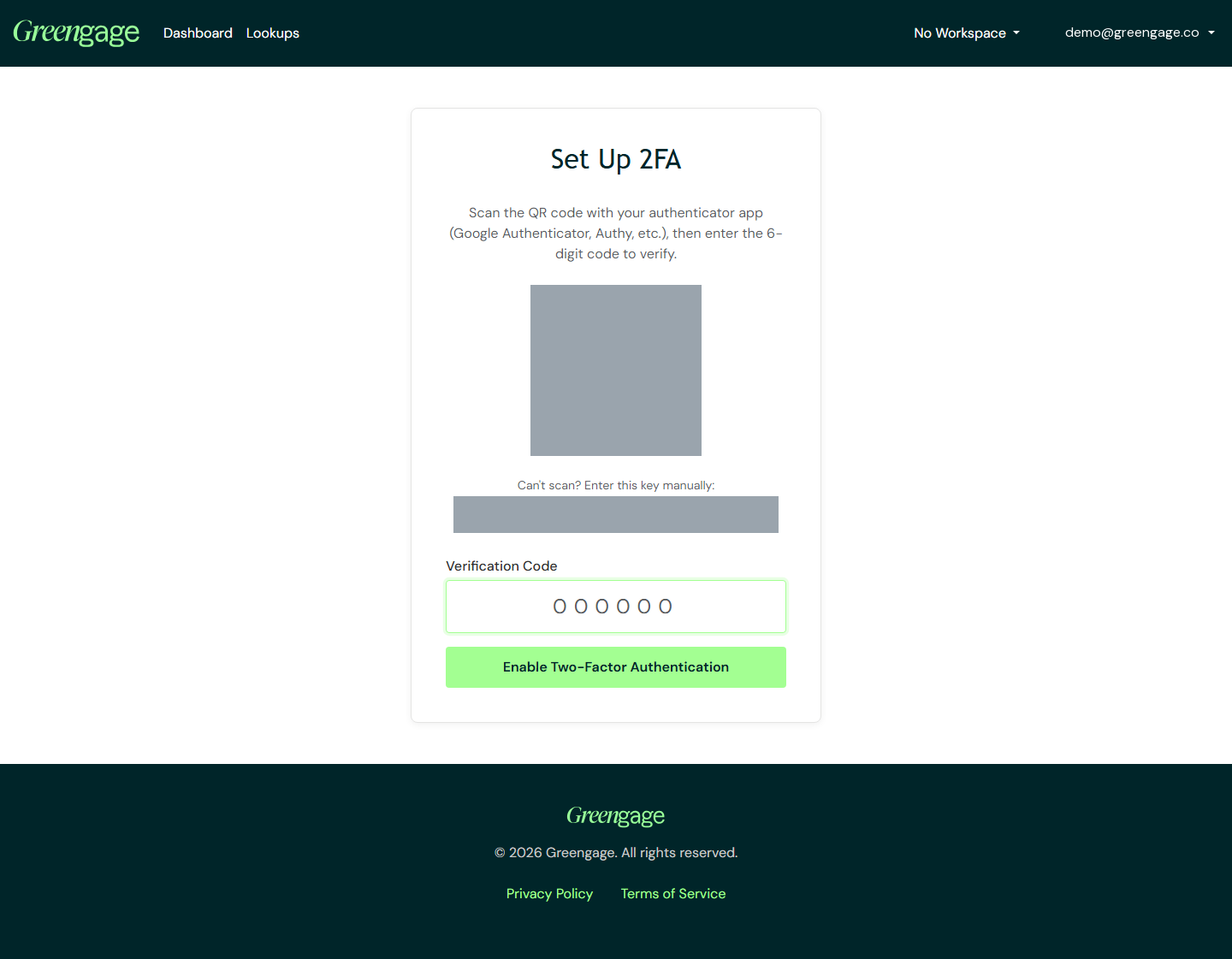 The two-factor authentication setup page