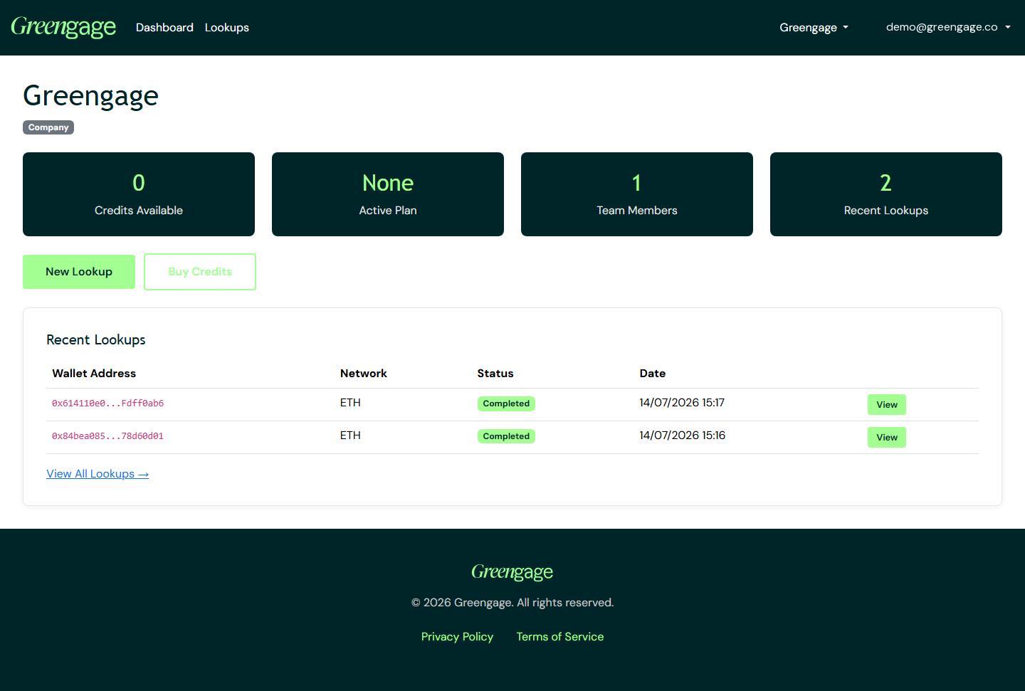 The Greengage dashboard for a company workspace