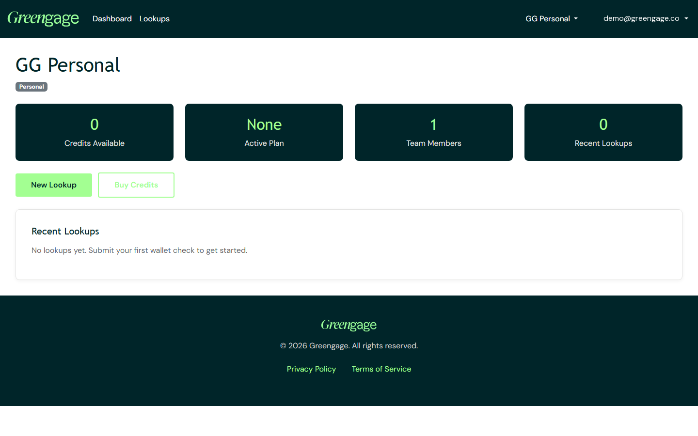 The Greengage dashboard for a personal workspace