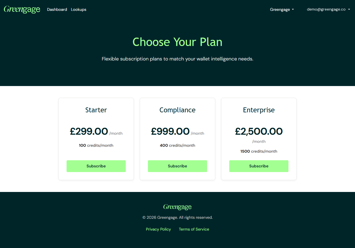 The subscription plans page