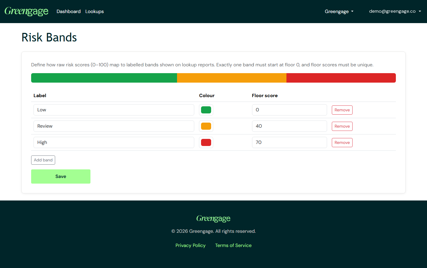 The Risk Bands configuration page